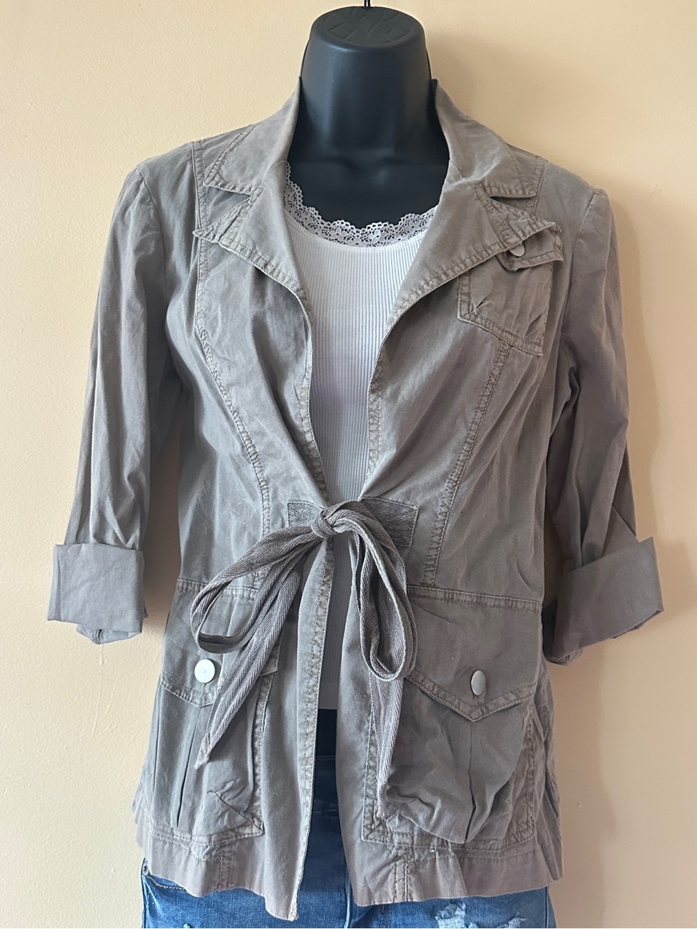 Vintage Inspired Cotton Blend Taupe Gray Utility Jacket with Tie Waist | Size S